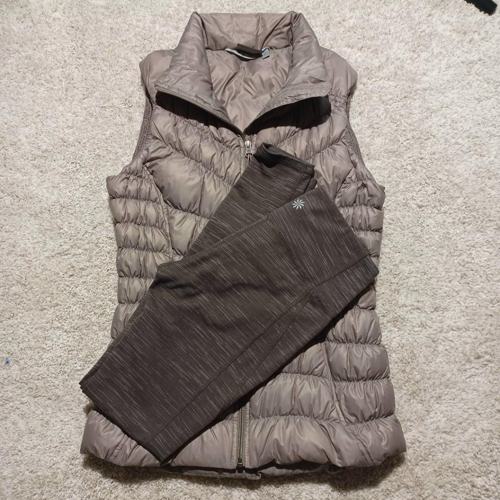 ATHLETA Striated Revelation Leggings & Downalicious Deluxe Vest